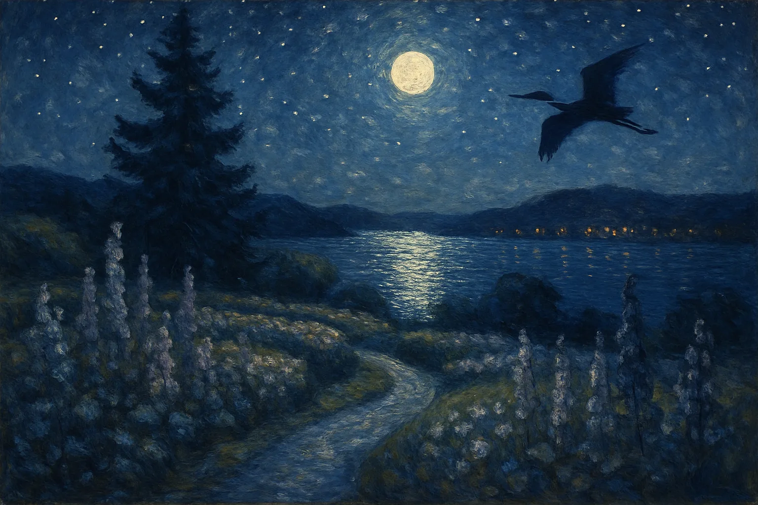 The same gardens by moonlight — a full moon and stars over the Ottawa River, the heron silhouetted against the night sky, warm village lights reflected on the water